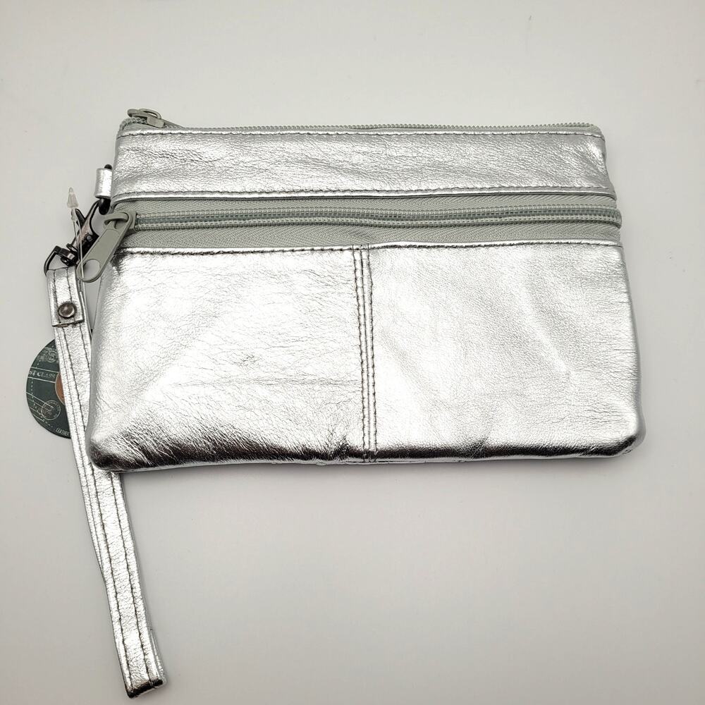 Silver Leather Wristlet Clutch Pouch Zip Top Minimalist Soft Metallic NWT Small